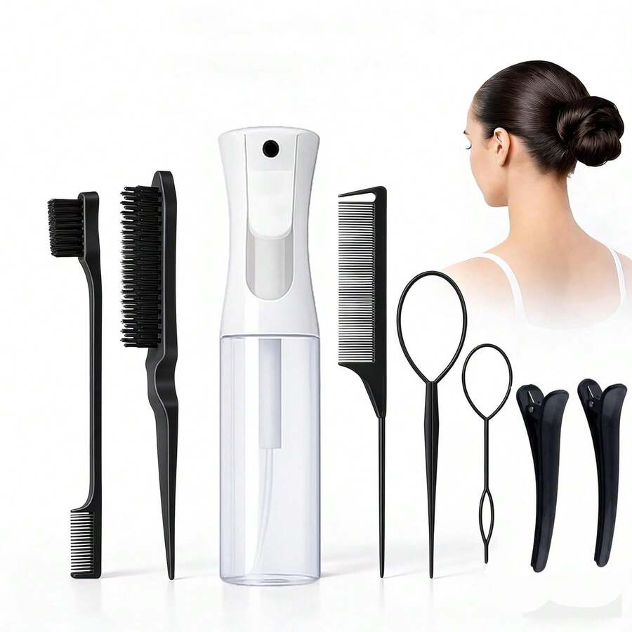 Kit de Escova de Cabelo com Garrafas Spray, Escova com Spray de Água, Pente de Borda, Pente Suavizante, Pente de Cauda de Rato, 2 Presilhas & Bolsa para Tranças e Rabos de Cavalo - Multicolorido - Visão 1