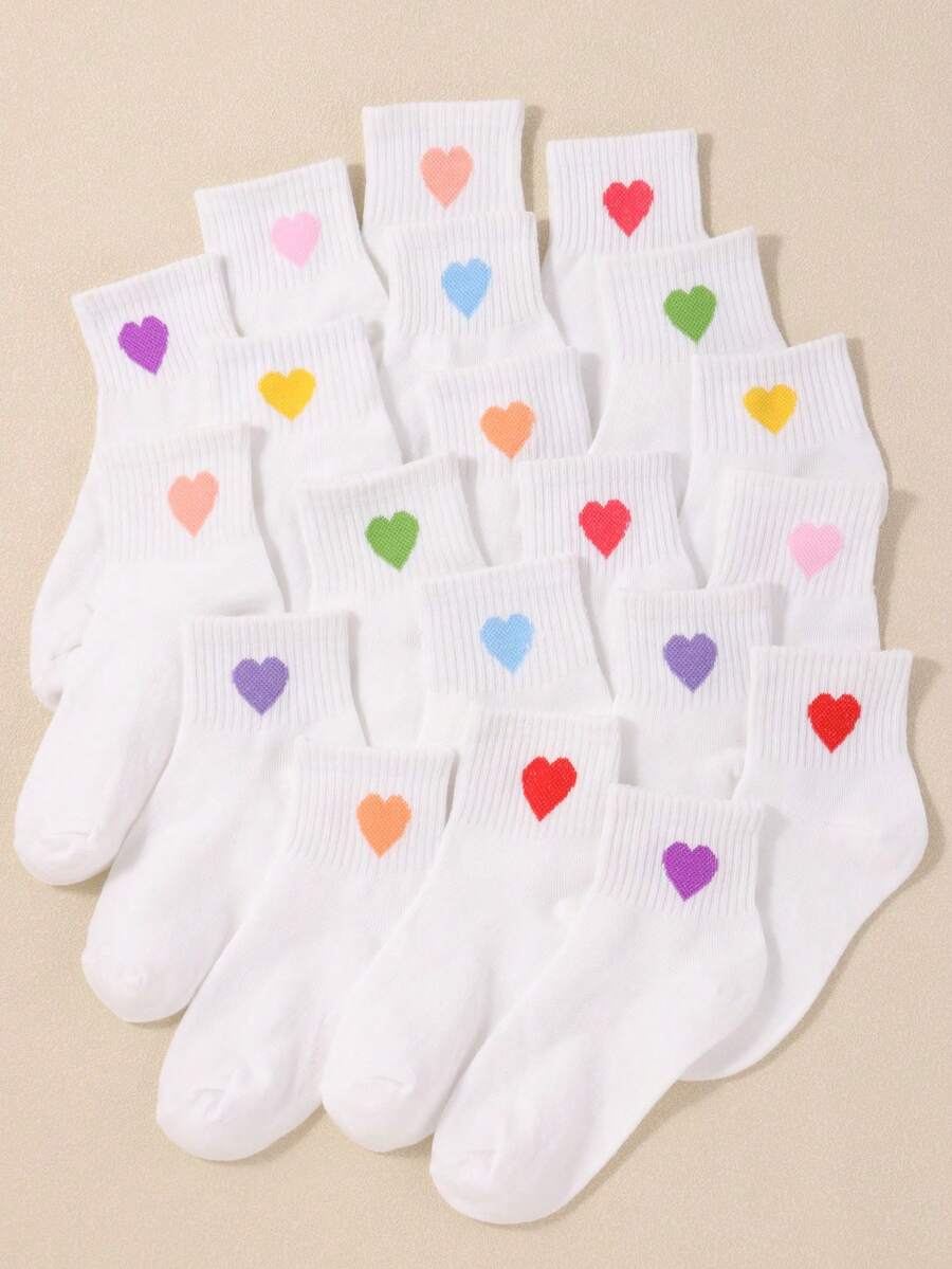 10/5 Pairs Random Color Mid-Calf Socks, Cute Heart Print Design, Soft ...