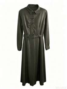 Vestido largo con botones delanteros, bolsillos y cinturón de unicolor elegante para primavera - Verde militar - Ver 3