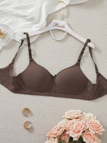1pc Women's Comfortable Wireless Soft Cup Solid Color Cotton Sleep Bra - Coffee Brown - View 7