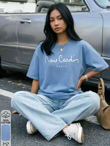 2026 Summer Women's Custom Loose-Fit Light Blue Cotton Top, White Handwritten Letter Print On Front, Light Luxury Style - Light Blue - View 9