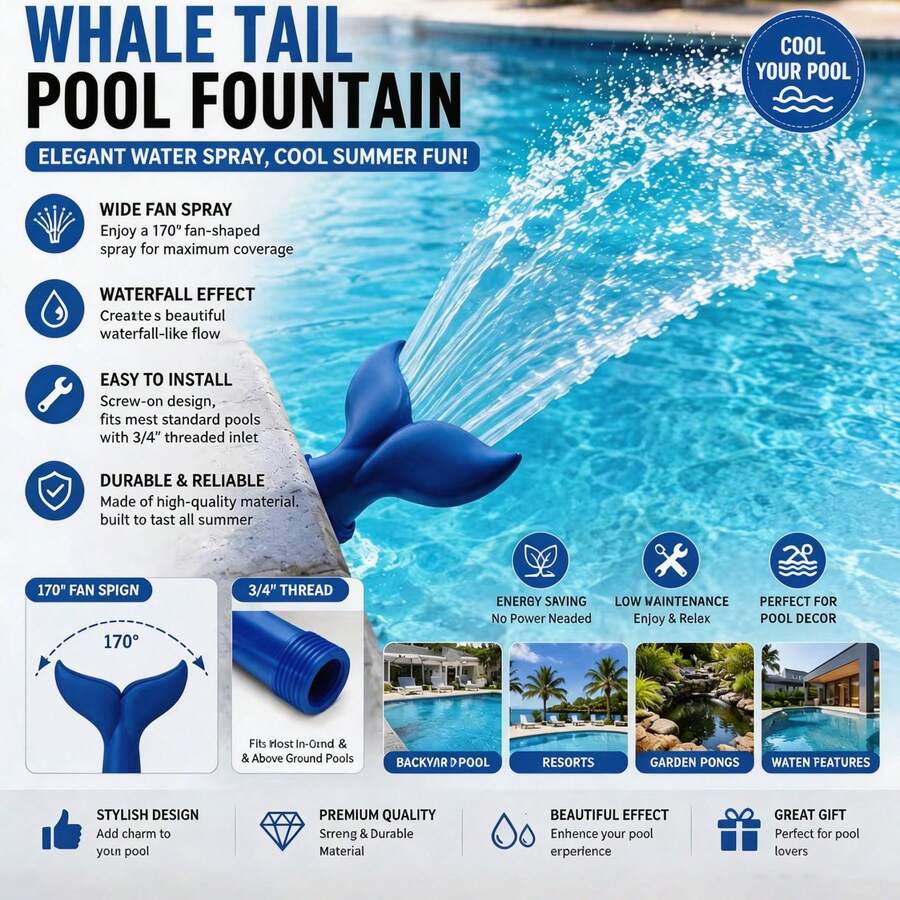 Walschwanz-Poolbrunnen, eleganter fächerförmiger Wassersprühstrahl, schnelle Kühlung, geeignet für Pool, Terrasse, Teich, Garten-Wasserspiel, Party-Pool-Dekoration, modische Wasserspiel-Anzeige, unverzichtbar für Sommer-Poolparty-Atmosphäre - Fischschwanz-Düse - Übersicht 1
