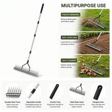 Garden Thatch Rake 1.77M Steel Handle Adjustable Curved Teeth Lawn Moss Remover Leaf Rake Heavy Duty Garden Yard Maintenance Tool - A - View 8