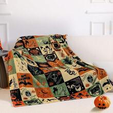 1 Stück Halloween Vintage karierte Totenkopf Fledermaus schwarze Katze digital bedruckte Flanelldecke - moderner Stil, Cartoon-Thema, ganzjährig bequem weiches Polyester-Strickgewebe, multifunktional, geeignet für Sofa, Bett, Reisen, Camping, Stuhl, Geschenkdecke - Verschiedenfarbig - Übersicht 2