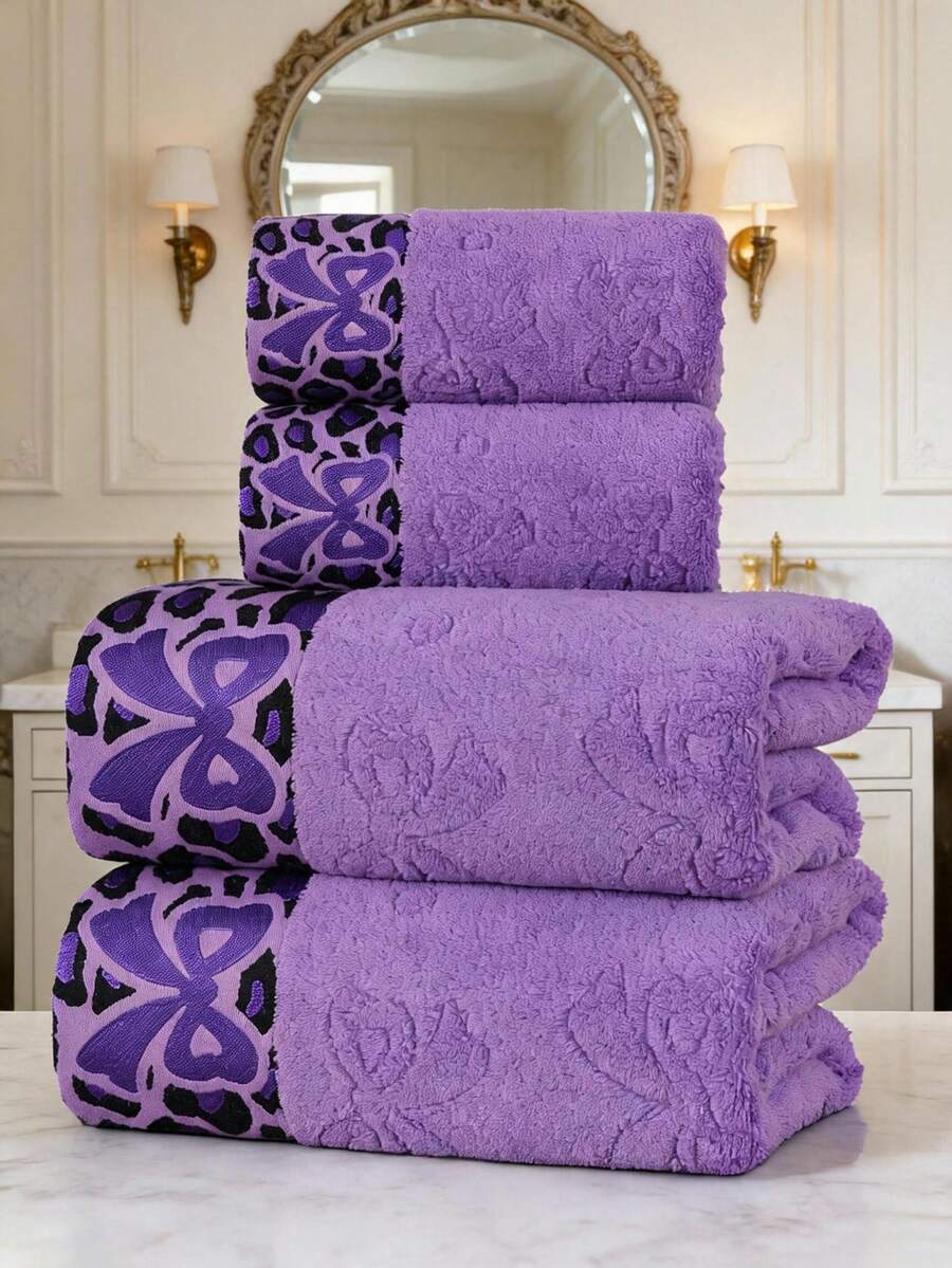 QIBHI 100% Cotton 4PCS Oversized Bath Towel Set 28x55Inches, Ultra Soft Highly Absorbant Compact Quickdry & Lightweight Large Bath Towels, Ideal For Gym Travel Camp Pool - Purple - View 1