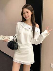 Elegant Asymmetric Shoulder Long Sleeve T-Shirt Set For Women, Autumn Polka Dot Patchwork Sweet Blouse - White - View 2