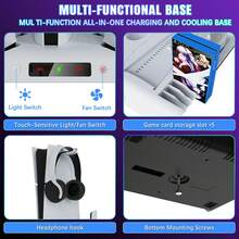 A Multi-Functional Charging And Cooling Stand For PlayStation 5 Slim (Compatible With Digital And Optical Versions), Featuring A Cooling Fan And A Controller Charger. The Base Has A Slot For Storing 5 Game Discs. - 白色 - 查看 7