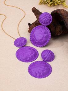 Exaggerated Court Style Earrings & Necklace Set, Metal Fashion Lightweight Luxury Niche High-End Geometric Pleated Large & Small Round Versatile Minimalist Personalized Jewelry Set - Purple - View 11