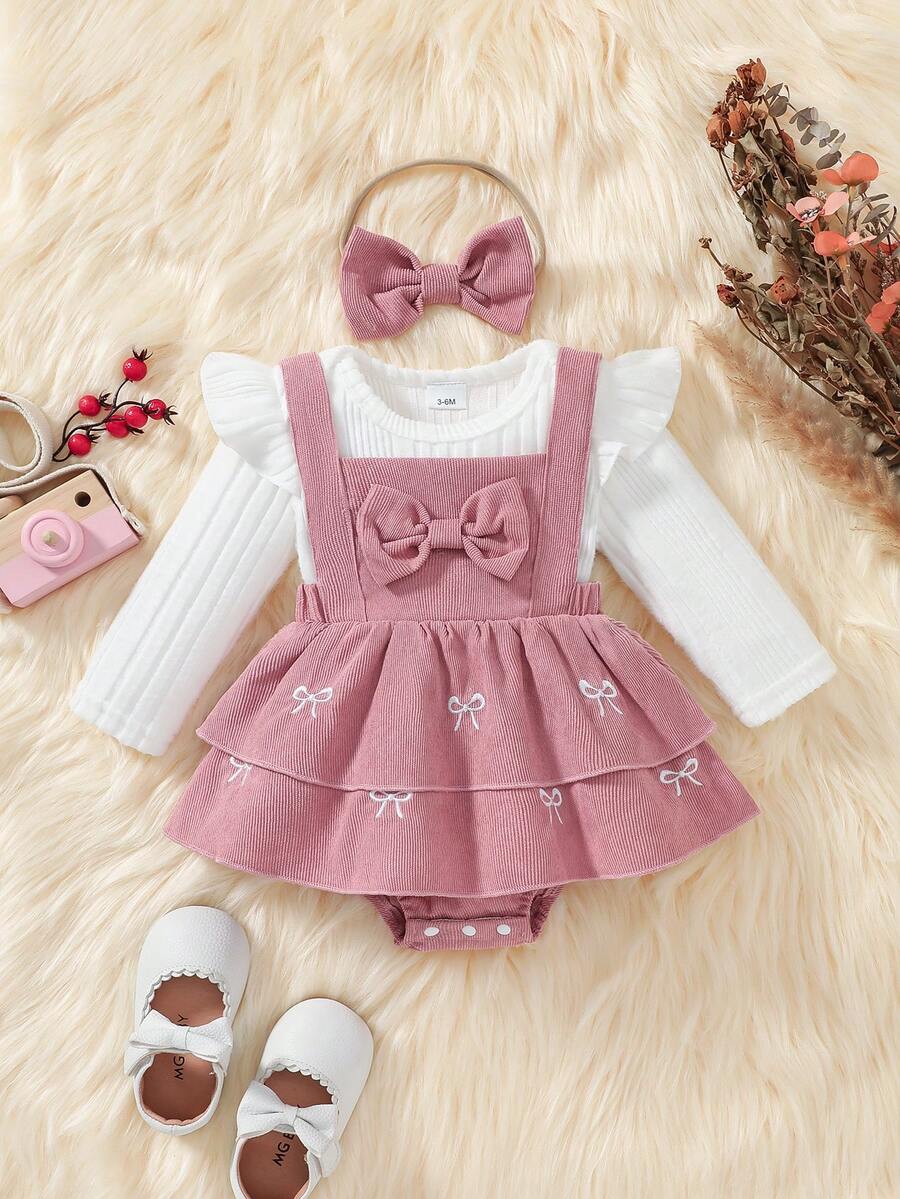 3pcs/Set Baby Girl Outfit White Round Neck Long Sleeve Flutter Sleeve Ribbed Bodysuit Romper Bodysuit And Corduroy Bowknot Suspender Romper Dress And Elastic Hair Tie, Cute Fashion Sweet Spring Autumn Daily Wear Outing Party - Multicolor - View 1