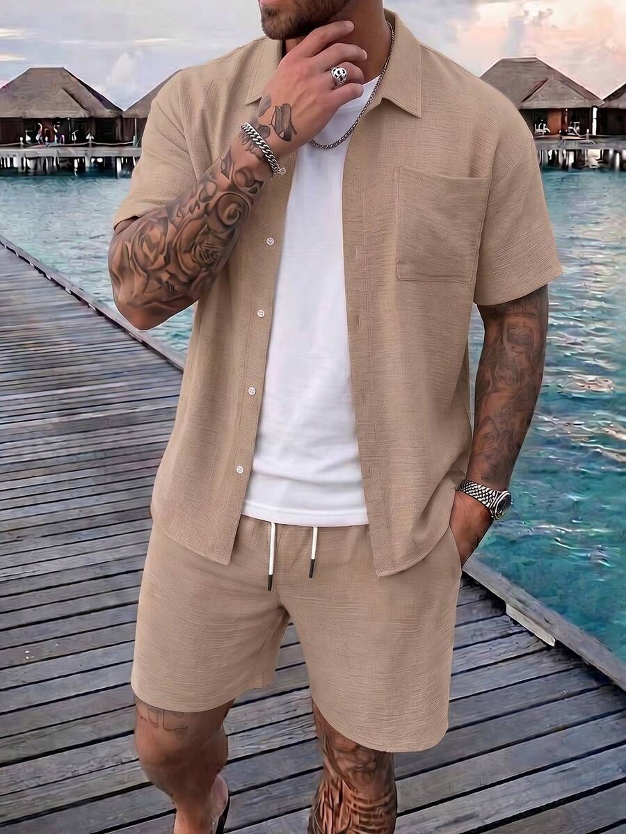 男士休閒西裝套裝,咖啡色口袋襯衫與短褲套組,度假風 - 杏色 - 查看 1