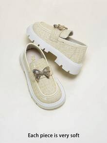Girls' 3D Rhinestone Butterfly Textured Embossed Non-Slip Square Toe Slip-On Thick Sole Platform Loafers, British Style Fashion Shoes For School, Commuting, Birthday Party - Apricot - View 7