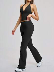 NcmRyu Women's One Set Slim Fit Solid Color Deep V-Neck Flared Pants Backless Sports Outfit - Black - View 6