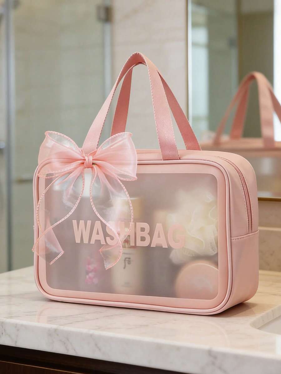 1PC Cute Bow Travel Makeup Bag Clear Cosmetic Organizer Waterproof Large Capacity Portable Toiletry Bag For Women Gift - Pink - View 1