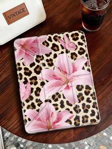 1pc Transparent Acrylic Y-Fold Pink Lily & Leopard Print Tablet Protective Case, Compatible With IPad Models, Double-Sided Painted Pattern Protective Shell, High-Transparency Acrylic Back Cover Anti-Bend Anti-Scratch Anti-Drop, 8-Fold Adjustable Stand, Foldable Tablet Case Protective Cover, Magnetic/Auto Sleep/Wake, Fun/Creative/Personalized, Built-In Pen Slot, Product Does Not Include Pen, Some Models Equipped With Camera Frame - Multicolor - View 3