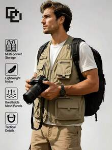 Men's Spring/Autumn Thin Outdoor Workwear Multi-Pocket Tactical Vest Jacket - Khaki - View 1