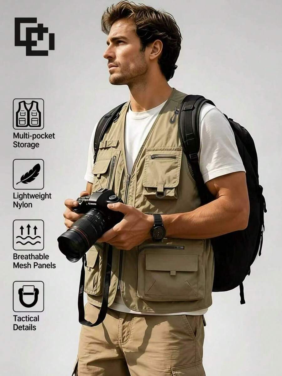Men's Spring/Autumn Thin Outdoor Workwear Multi-Pocket Tactical Vest Jacket - Khaki - View 1