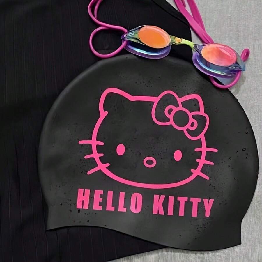 1件裝 Sanrio Cat 黑色矽膠泳帽 女款 防水 舒適 不緊繃 護耳 成人用 - A - 查看 1