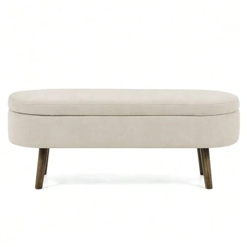 Multifunctional Storage Bench, Soft Chenille Fabric, Wooden Legs, Solid Wood Frame, 20L Storage Space, 110x40x42cm, For Bedroom, Living Room, Shoe Bench, Hallway - 米色 - 查看 1