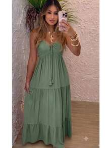 Women's Long Dress, Flowing Style, Sensual Fabric, V-Neck With Front Tie, Elastic Back - Fits Sizes 36 To 40. - 綠鼠尾草 - 查看 2
