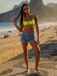 Y2k Summer Spring Outfits  Y2k Slim Fit Brazilian Printed Women Streetwear Crop Top With Two Tone Spaghetti Straps - Yellow - View 4