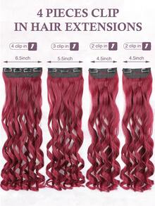 Clip In Hair Extensions, 20 Inch Long Wavy 4PCS Hair Extensions Natural Soft Synthetic Fiber High Temperature Heat Resistance Clip In Hairpieces For Women Weddings Party Daily Use - Burgundy - View 3