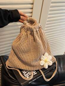 Women's Crochet Drawstring Backpack,Knit Beach Bag,Casual Boho Daypack For Summer Travel Daily Large Capacity,School Bookbag,College University Campus - Khaki - View 5