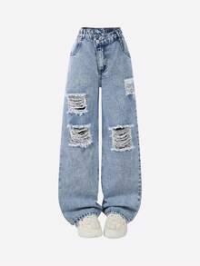 Celana Jeans Remaja Perempuan Gaya Y2K dengan Motif Salju yang Dicuci dan Longgar, Model Lurus, Kancing Asimetris, Nyaman dan Serbaguna untuk Musim Gugur dan Musim Dingin - Light Wash - View 2