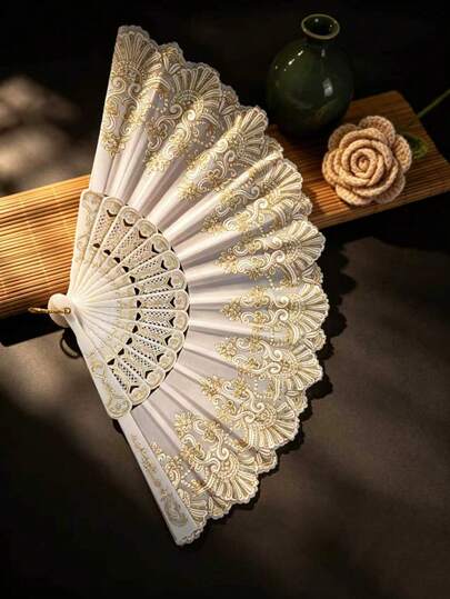 Éventail de danse pliable à main blanc pour femmes, style mode avec motif floral à feuille d'or