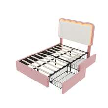 Flieks 3ft Single Upholstered Bed Frame With Adjustable LED Wavy Headboard, 2 Storage Drawers, Pink & Cream White - Pink - View 12
