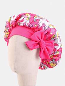 1 pieza Gorro redondo de satén con cinta elástica estampada para niños, adecuado para uso diario - Unicornio rojo rosado - Ver 2