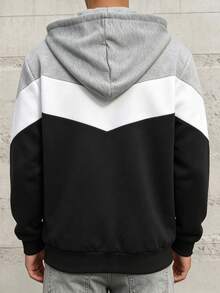 HEYKESON Men's Full Zip Hooded Jacket, Colorblock Patchwork Drawstring Hood Long Sleeve Casual Open Front Sweatshirt - Black - View 6