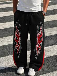 Zrgoth Men's Retro Flame Print Wide Leg Drawstring Sweatpants, Dual Side Drip Red Flame + Side Red Contrast Print, Streetwear Casual Daily Wear - Black - View 1