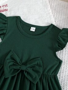 2 piezas/Set Bebé Cuello Redondo Manga Volante Estampado de Mariposa & unicolor Acanalado Minimalista Lindo Primavera/Verano - Verde Oscuro - Ver 6