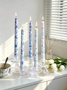 2pcs French Floral Print Taper Candles, Blue And White Pattern Decorative Table Candles, Smokeless Soy Wax, Suitable For Home Decor, Party, Gathering, Holiday, Banquet, Ideal For Thanksgiving, Christmas And Halloween - Multiple Styles - View 9