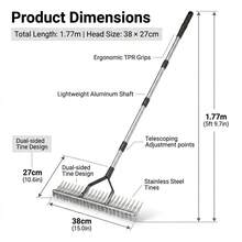 Garden Thatch Rake 1.77M Steel Handle Adjustable Curved Teeth Lawn Moss Remover Leaf Rake Heavy Duty Garden Yard Maintenance Tool - A - View 3