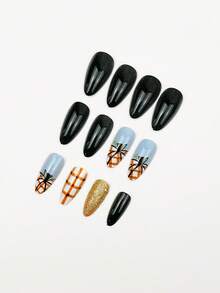 Arte de Unhas de Halloween 24 Peças Unhas Amendoado Médio Longo, Unhas Francesas Xadrez Laranja, Abóbora Fofa, Decoração com Glitter, Unhas Postiças Adesivas, Adequado para Uso Diário de Mulheres, Feriados, Festas, Suprimentos de Arte de Unhas de Ação de Graças - Multicolorido - Visão 4