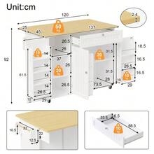 Mobile Kitchen Island With Fold-Down Worktop, Kitchen Trolley, Bar Table, With Drawer And Storage Cabinet, 3 Door Shelves, 120 * 45 (70) * 92 Cm - White - View 4
