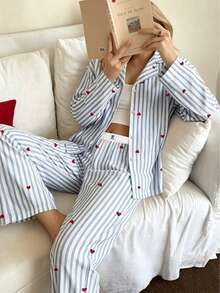 2pcs/Set Women's Loose Comfortable Breathable Long Sleeve Top + Long Pants Cute Pajama Set - Blue - View 4