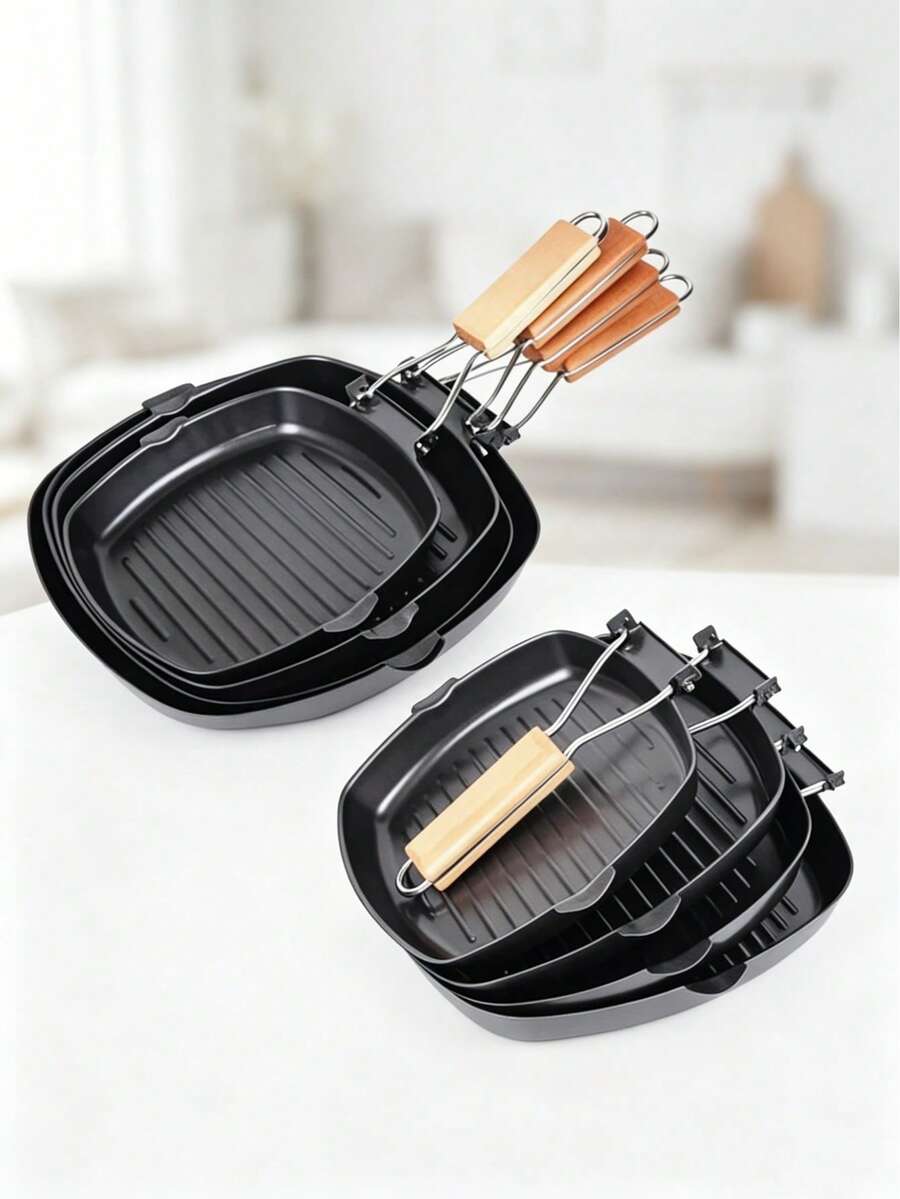 Juego de sartenes cuadradas antiadherentes para parrilla con mango de madera, sartén plegable y portátil para filetes, sartén apilable acanalada para asar filetes, tocino y carnes, sartén universal para barbacoa de interior compatible con estufas de gas, inducción y eléctricas. - Ver 1