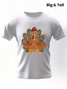 Men's Plus Size  Wrinkle T Shirt - Thanksgiving And Easter Themed Casual Crew Neck Shirt,Suitable For All Seasons,Machine Washable,Thanksgiving - 白色 - 查看 2