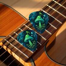 2D Flat 6pcs Dreamy Mushroom Print Guitar Picks, Green Mushroom Yellow Polka Dot Music Note Bubble Personalized Pattern, Universal For Multi-String Instruments, Creative Gift For Instrument Enthusiasts On International Peace Day - Multicolor - View 1
