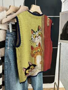 Rompi Rajut Motif Kucing Bohemian untuk Wanita, Atasan Rajut Tanpa Lengan Leher Bulat, Elastisitas Sedang, Pakaian Musim Gugur untuk Wanita, Pilihan untuk Keluar Malam di Musim Gugur - Kuning - View 6