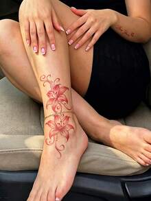 3 Sheets Red Watercolor Lily Floral Vine Temporary Tattoo Stickers, Waterproof Long Strip Fake Body Tattoos For Women Arm Leg Thigh Deco - Red - View 3