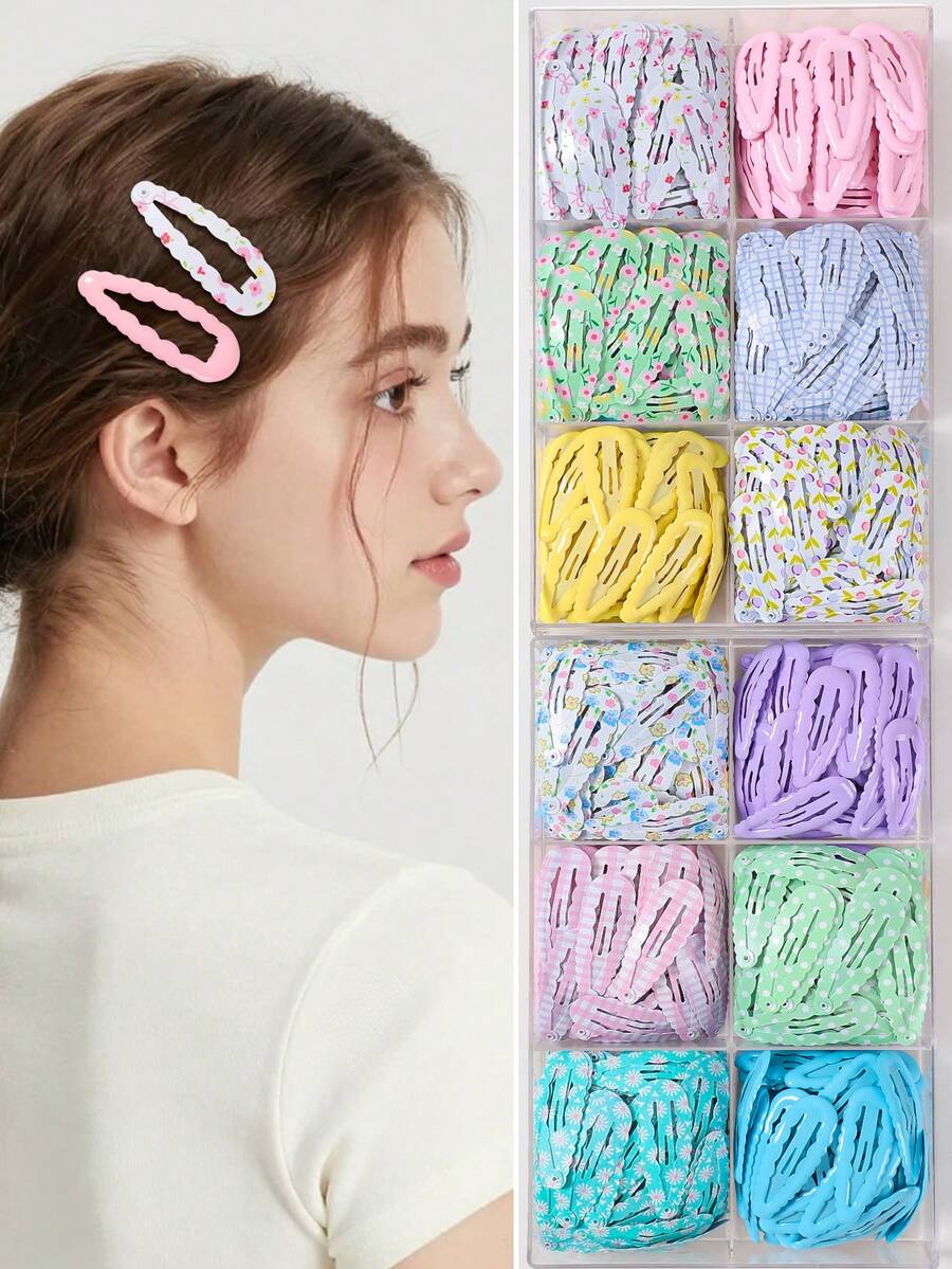 20pcs Girls Colorful Wavy Print Tulip Flower Water Drop Hair Clips, Random Styles, Simple Cute Princess BB Hair Clips, Bangs & Loose Hair Clips, Hair Accessories For Daily Use - Multicolor - View 1