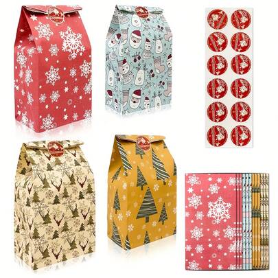 12/24pcs (6/12 Mixed Packaging Bags + 6/12 Red Sealing Stickers) Packaging Christmas Snowflake And Reindeer Gift Bags With Stickers - Holiday New