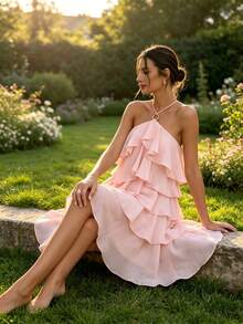 QIANZHIDU Spring/Summer Light Pink Solid Color Halter Neck Ring Tie Multi-Layer Ruffle Waist-Cinching Asymmetrical A-Line Dress, Suitable For Birthday Party, Beach Vacation, Street Outing, Date Afternoon Tea - Pink - View 5