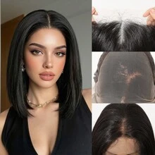 Topshe Peruca Bob Curta Preta Natural 13x6 Lace Front Cabelo Liso HD Lace Front Peruca Bob Cabelo Liso Brasileiro para Mulheres Peruca Lace Front Transparente Sem Cola com Baby Hair Repartição Aleatória, Halloween - Multicolorido - Visão 13