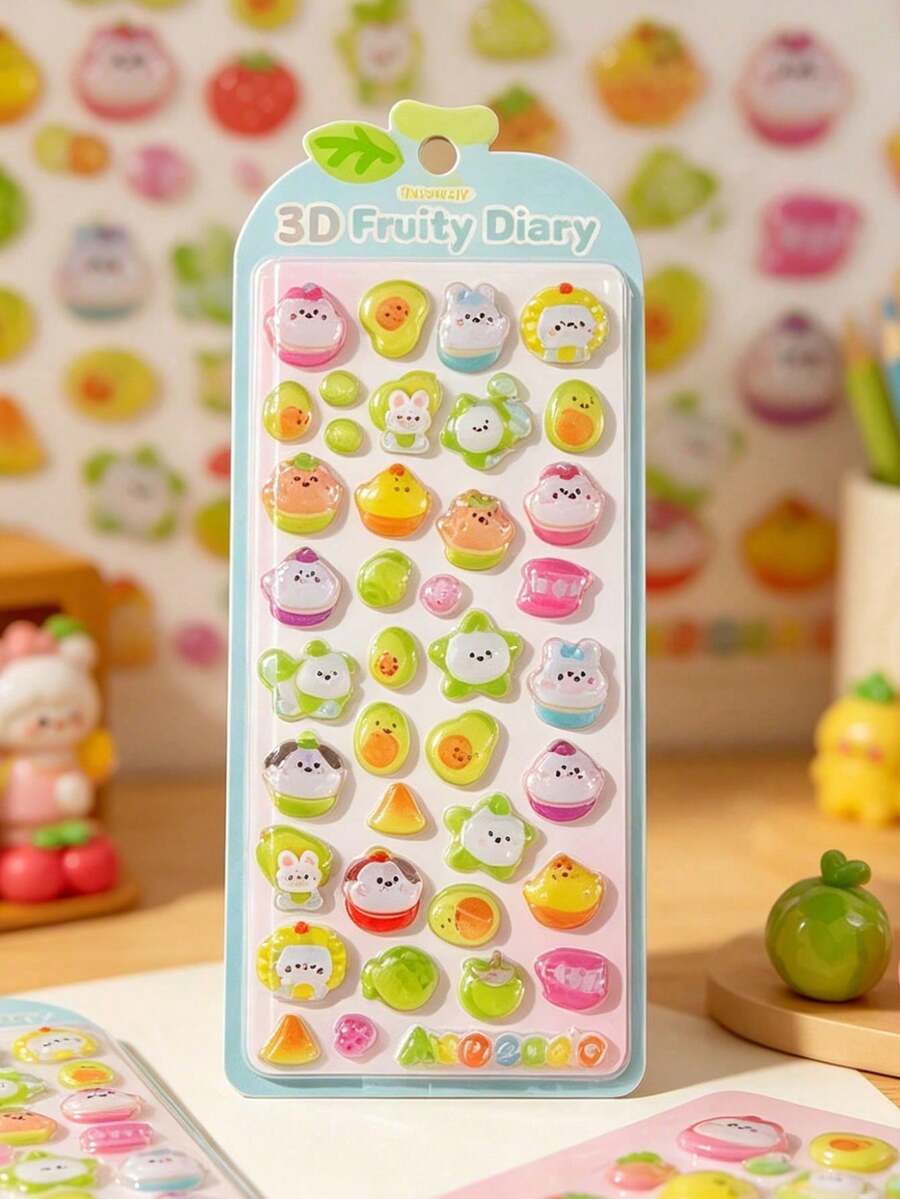 Q-Lia 15pcs Cute 3D Fruit Embossed Stickers, Water Droplet Effect Stickers, Reusable Waterproof Stickers, Waterproof Non-Slip 3D Fan Embossed Pattern Stickers, Textured 3D Design And Atmospheric Mixed Colors, Suitable For DIY Decoration - Multicolor - View 1