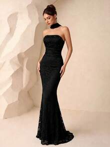 Elegant Women's Black Sleeveless Beaded Lace Mermaid Dress, With Zipper, Long Formal Evening Gown Wedding Party - Black - View 6