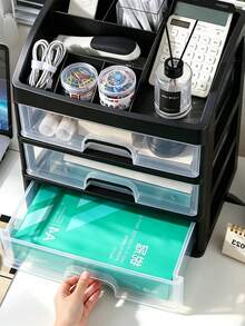 1 Piece Drawer-Type Desktop Storage Box, Office Desk Organizer, Stationery And Cosmetics Storage Rack, Locker - Black - View 3